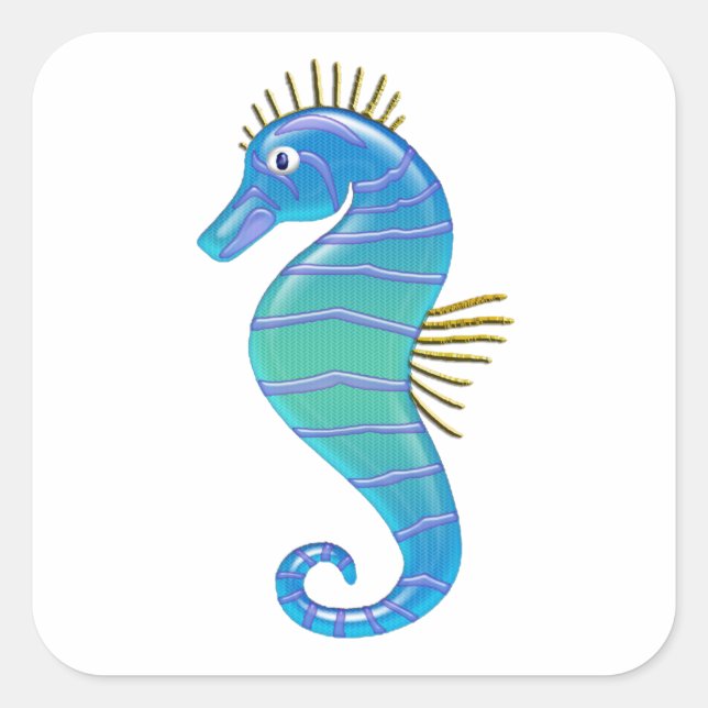 Blue & Lavender Stained Glass Seahorse Square Sticker (Front)