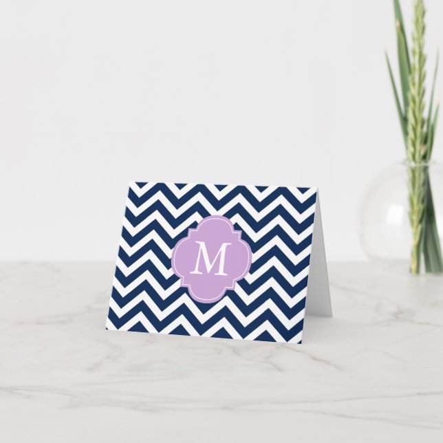 Blue & Lavender Zigzags Pattern Monogram Note Card (Front)
