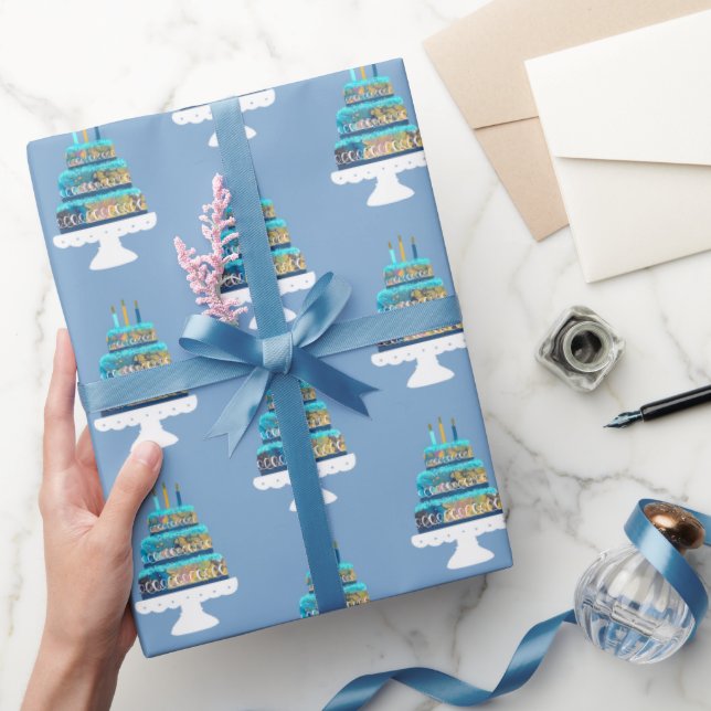 Blue Layered Birthday Cake Wrapping Paper (Gifting)