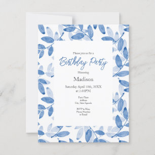 Blue Layered Watercolor Leaves Pattern Invitation