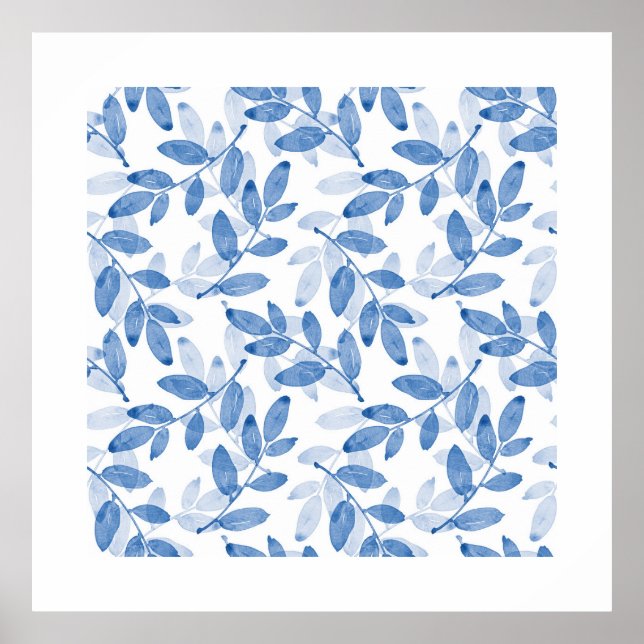 Blue Layered Watercolor Leaves Pattern Poster (Front)