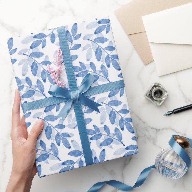 Blue Layered Watercolor Leaves Pattern     Wrapping Paper (Gifting)