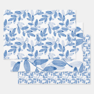 Blue Layered Watercolor Leaves Pattern Wrapping Paper Sheet