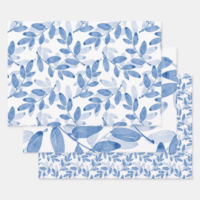 Blue Layered Watercolor Leaves Pattern   Wrapping Paper Sheet (Set)