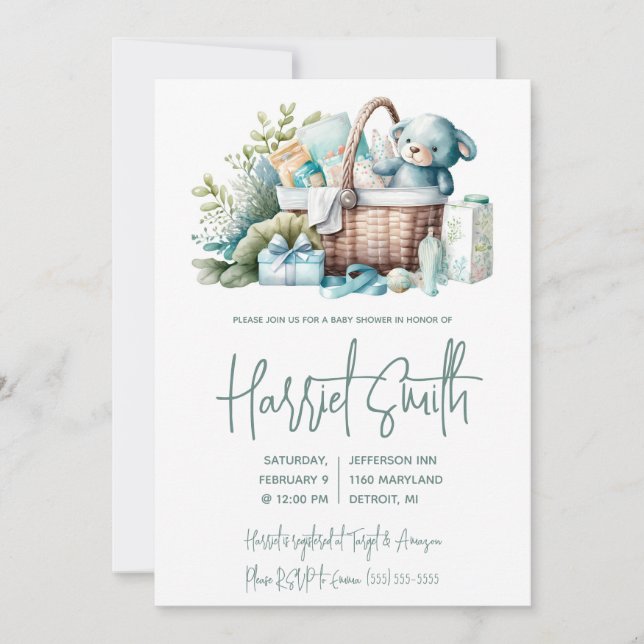 Blue Layette, Gift Basket, Baby Boy Shower Invitation (Front)