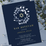 Blue Leaf Bat Mitsvah Foil Invitation<br><div class="desc">Beautiful Bar Mitzvah invitations featuring a soft blue leaf wreath and Star of David set on a dark navy blue background.  Flip our invitation over to view a coordinating back for an extra special touch.  Visit our shop to view our Bar Mitzvah collection.</div>