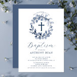 Blue Leaf Boys Baptism Invitation<br><div class="desc">Beautiful baptism invitations featuring a soft blue leaf wreath and cross set on a white background.  Flip our invitation over to view a coordinating back for an extra special touch.  Visit our shop to view our entire leaf collection.</div>