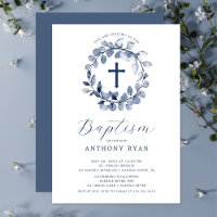 Blue Leaf Boys Baptism Invitation