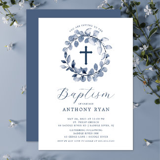 Blue Leaf Boys Baptism Invitation