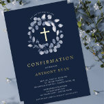 Blue Leaf Boys Confirmation Foil Invitation<br><div class="desc">Beautiful Gold Foil Confirmation invitations featuring a soft blue leaf wreath and cross set on a dark navy blue background.  Flip our invitation over to view a coordinating back for an extra special touch.  Visit our shop to view our entire leaf collection.</div>