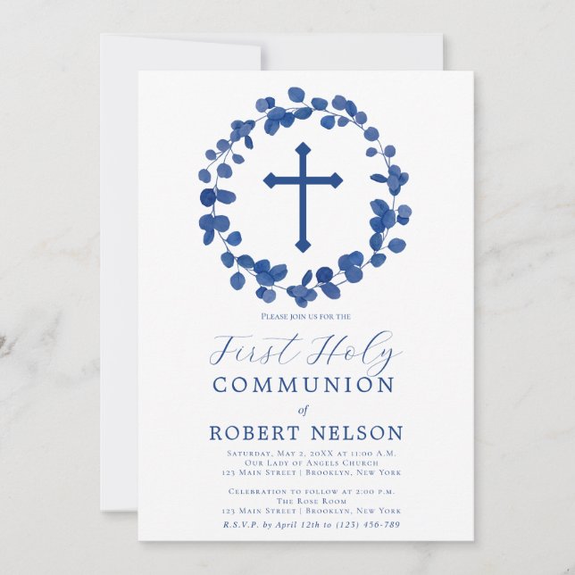 Blue Leaf Boys First Communion Invitation (Front)
