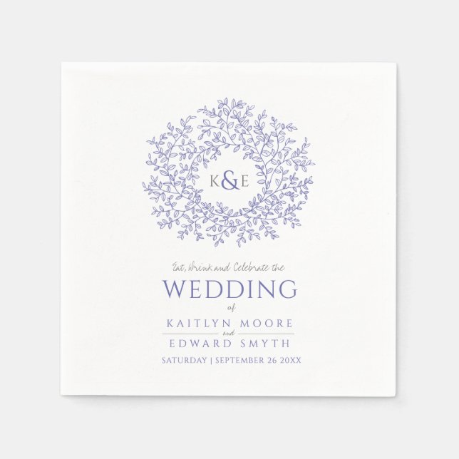 blue leaf circle monogram wedding custom napkin (Front)