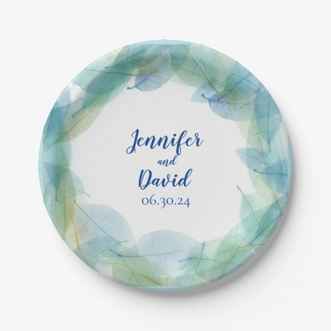 Blue Leaf Design Personalized Wedding Paper Plates (Front)
