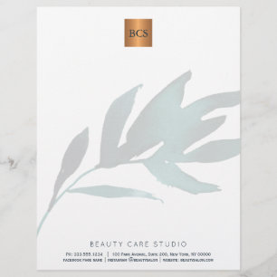 Blue leaf metallic gold copper monogrammed letterhead