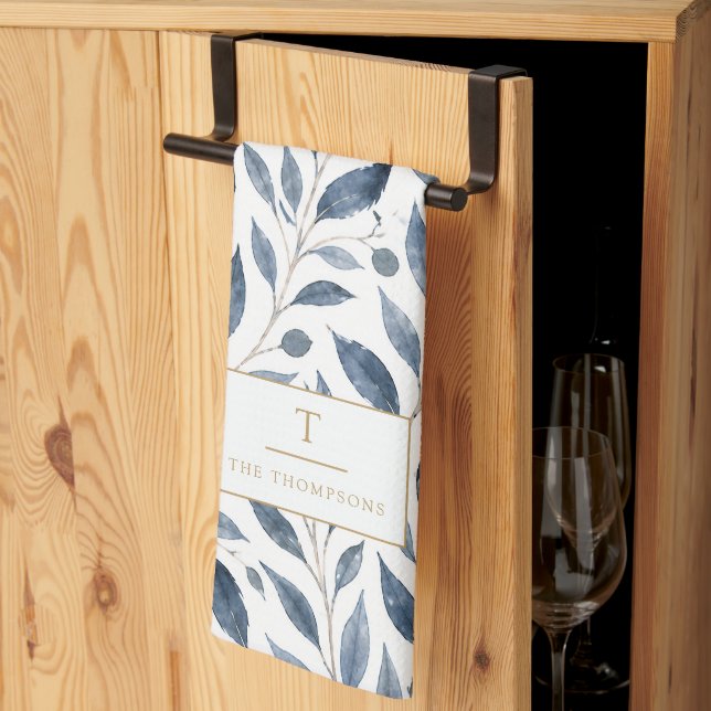 Blue Leaf Personalized Elegant Kitchen Towel (Thirds Fold)
