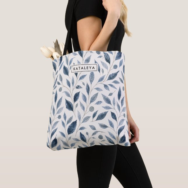 Blue Leaf Personalized Tote Bag (Close Up)