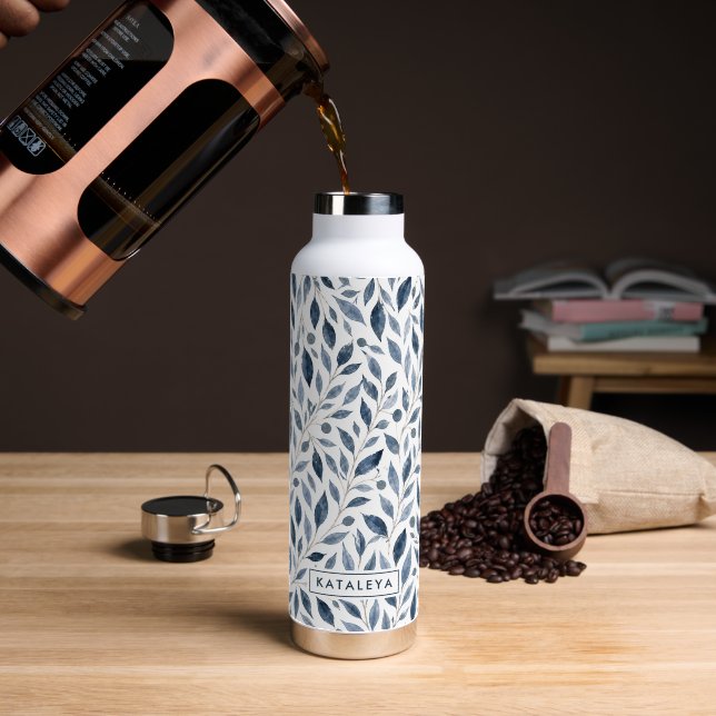 Blue Leaf Personalized Water Bottle (Coffee (Rotated))