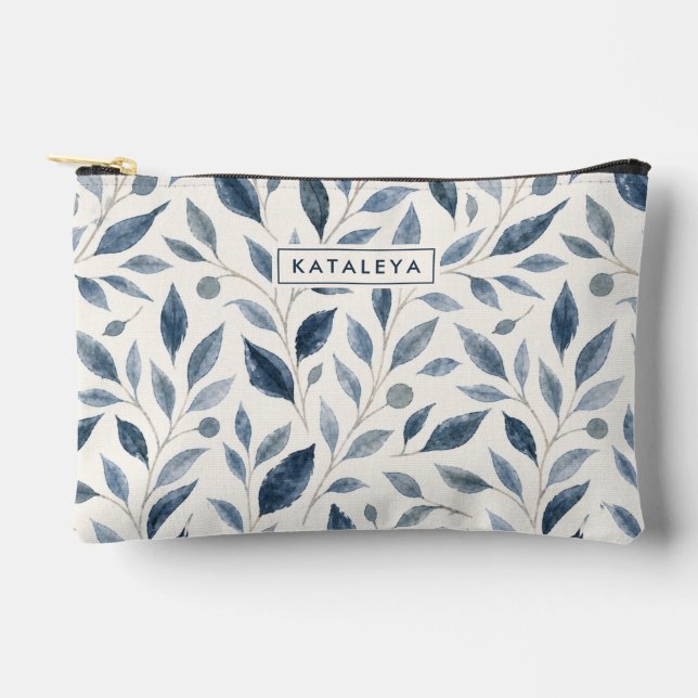 Blue Leaf Personalized with Name Accessory Pouch (Front)