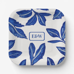 Blue Leaf Pottery Motif with Paired Initials Paper Plate