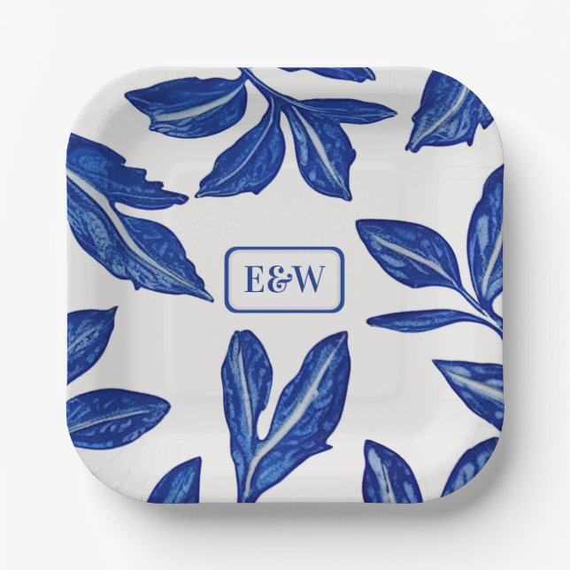 Blue Leaf Pottery Motif with Paired Initials  Paper Plate (Front)