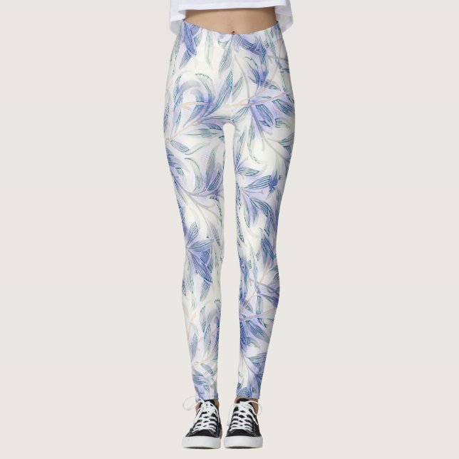 Blue Leaf Vintage Pattern Nature Art Leggings (Front)