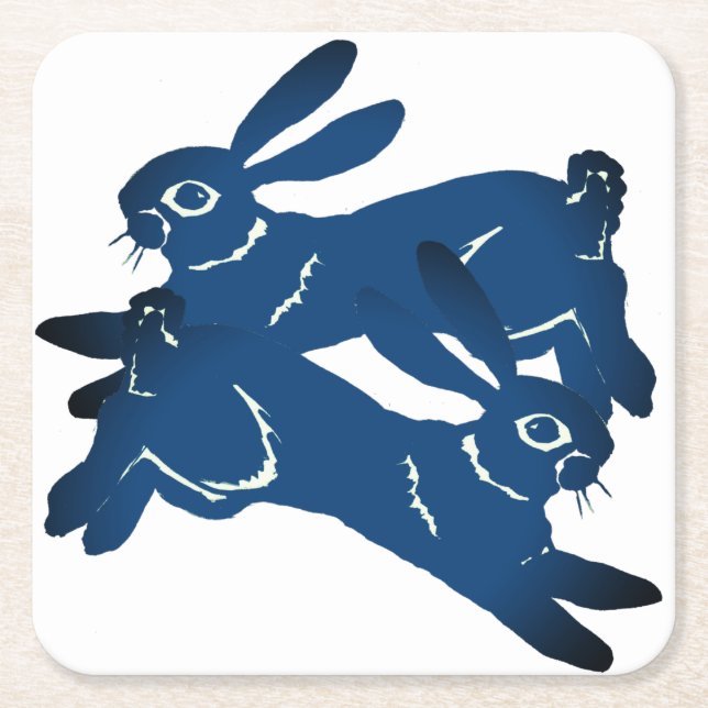 Blue Leaping Rabbit Hare Bold Animal Pattern  Square Paper Coaster (Front)
