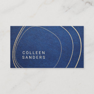 Blue Leather   Artistic Gold Lines Business Card