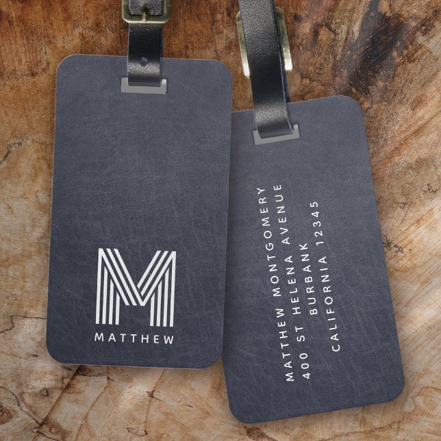 Blue Leather Bold Monogram Masculine  Luggage Tag (Creator Uploaded)