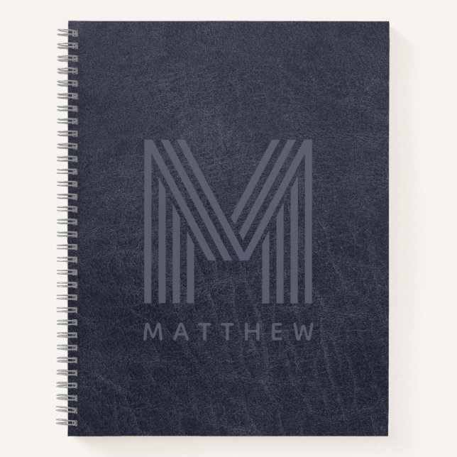Blue Leather Bold Monogram Masculine  Notebook (Front)