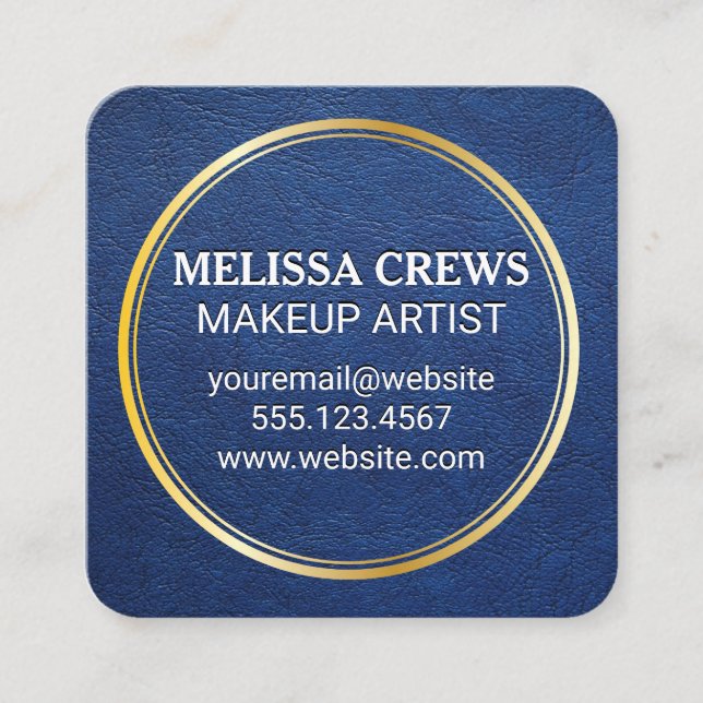 Blue Leather | Gold Metallic Ring Square Business Card (Front)