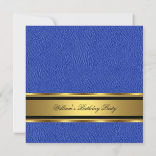 Blue Leather Look Gold Birthday Mens Man Invitation