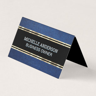 Blue Leather Texture   Gold Trim Metallic Foil Business Card