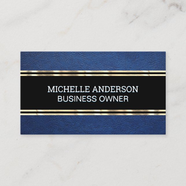 Blue Leather Texture | Gold Trim Metallic Foil Business Card (Front)