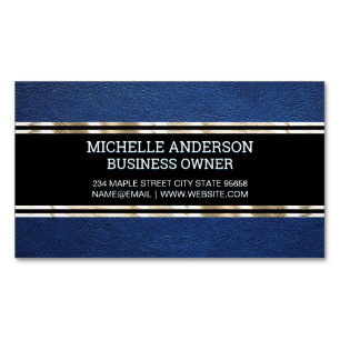 Blue Leather Texture   Gold Trim Metallic Foil Magnetic Business Card