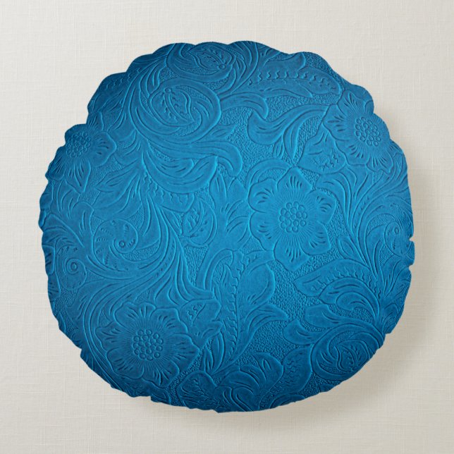 Blue leather texture round pillow (Front)