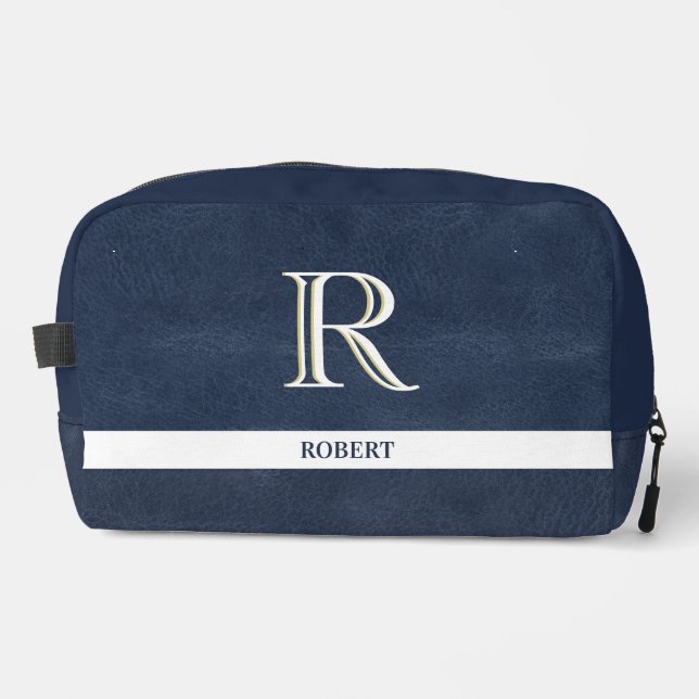 Blue Leather Texture White Monogram Name  Dopp Kit (Front)