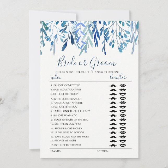 Blue leave Bride or Groom game editable monogram Invitation (Front)