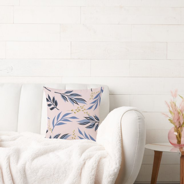 BLUE LEAVES ABSTRACT AND YELLOW FLOWER PRINT  THROW PILLOW (Couch)