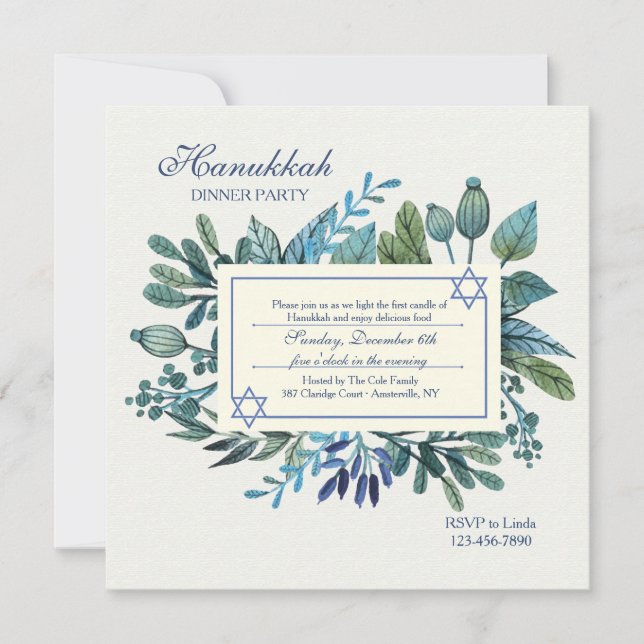 Blue Leaves and Berries Hanukkah Party Invitation (Front)