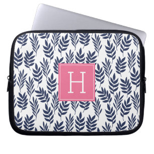 Blue Leaves and Pink Monogram Laptop Sleeve