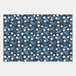 Blue Leaves and White Flowers on Dark Background Wrapping Paper Sheet