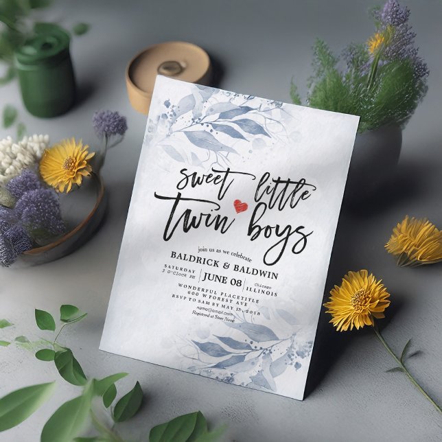 Blue Leaves Baby Shower Sweet Little Twin Boys Invitation (Creator Uploaded)
