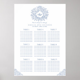 Blue leaves circle wedding seating chart poster