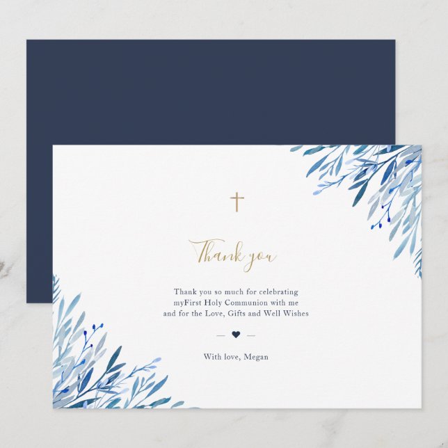 Blue leaves Communion Thank you Card (Front/Back)