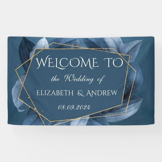 Blue Leaves Gold Frame Wedding Banner (Horizontal)