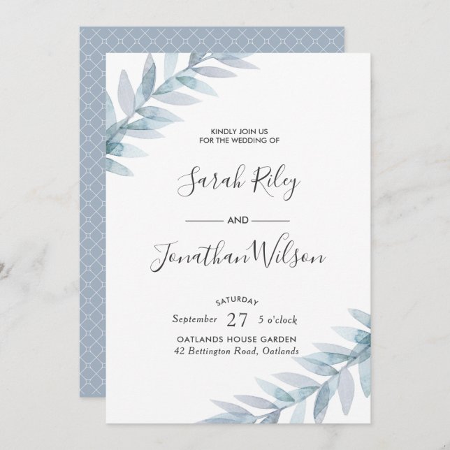 Blue leaves leaves Wedding invitation (Front/Back)