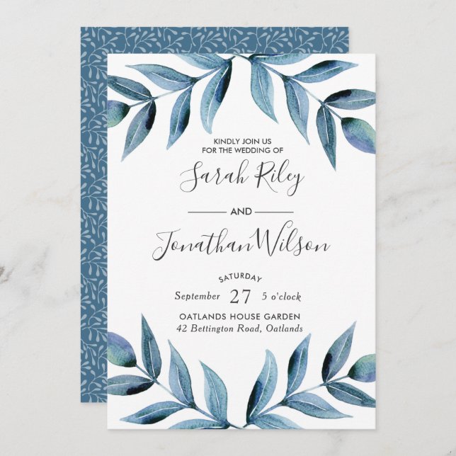 Blue leaves leaves Wedding invitation (Front/Back)