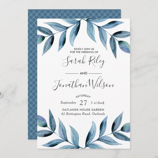 Blue leaves leaves Wedding invitation (Front/Back)