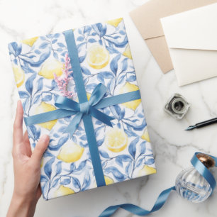 Blue Leaves Lemons Sicily Italian Birthday Wrapping Paper