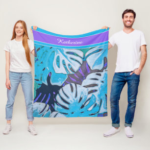 Blue Leaves Nature Tropical Patten Personalize Fleece Blanket
